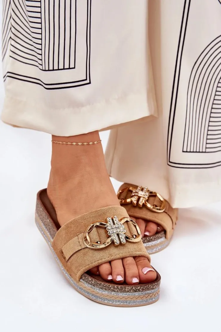 Online Boto Klapki Damskie Na Platformie Z Brokatem I Złotą Ozdobą Camel Rilirea