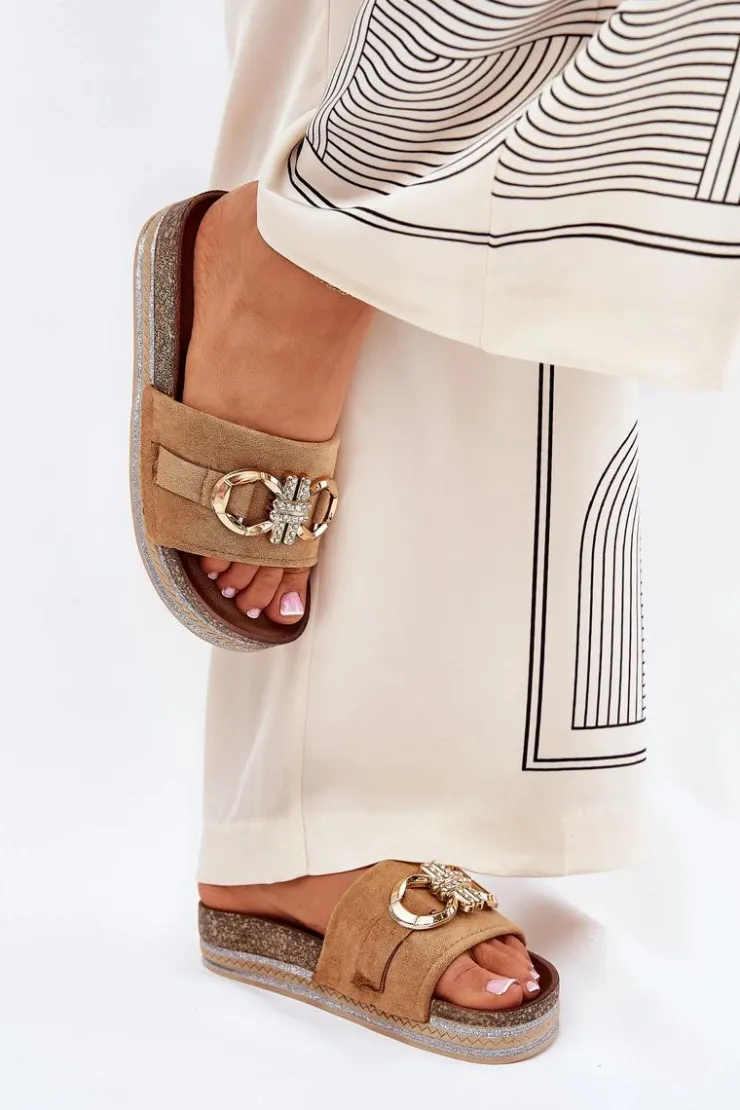 Online Boto Klapki Damskie Na Platformie Z Brokatem I Złotą Ozdobą Camel Rilirea