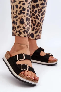 Damskie Evento Klapki Damskie Na Platformie Z Klamrami Eko Zamszowe Czarne Ursila