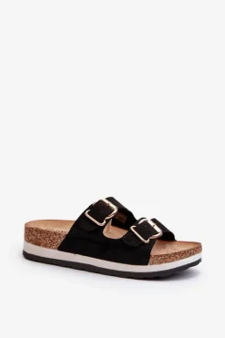 Damskie Evento Klapki Damskie Na Platformie Z Klamrami Eko Zamszowe Czarne Ursila