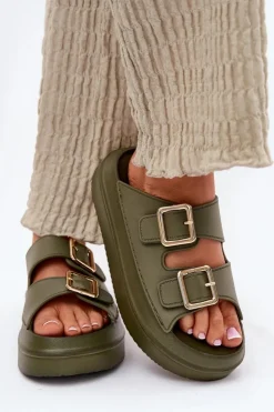 Online Boto Klapki Damskie Na Platformie Ze Złotymi Klamrami Zielone Zorila