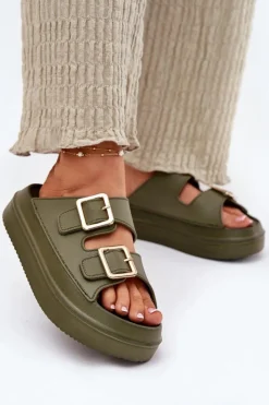 Online Boto Klapki Damskie Na Platformie Ze Złotymi Klamrami Zielone Zorila