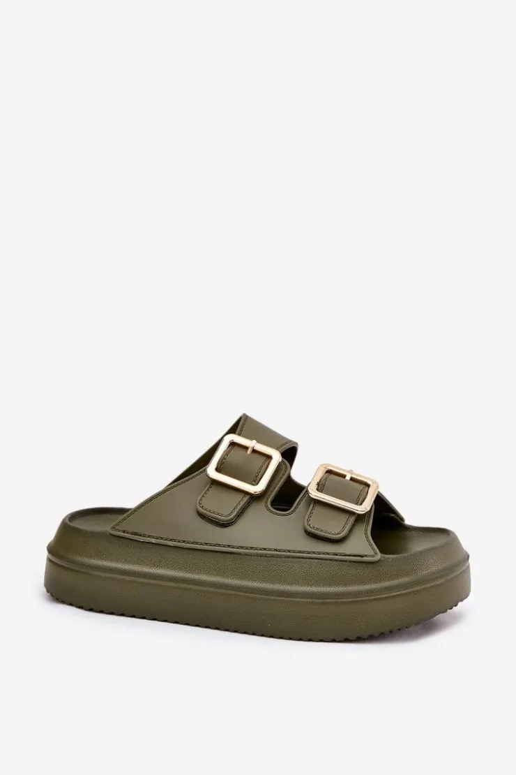 Online Boto Klapki Damskie Na Platformie Ze Złotymi Klamrami Zielone Zorila