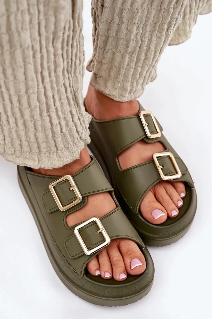 Online Boto Klapki Damskie Na Platformie Ze Złotymi Klamrami Zielone Zorila