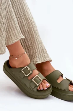 Online Boto Klapki Damskie Na Platformie Ze Złotymi Klamrami Zielone Zorila