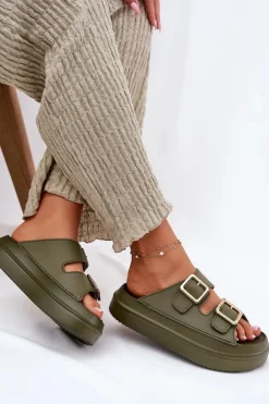 Online Boto Klapki Damskie Na Platformie Ze Złotymi Klamrami Zielone Zorila