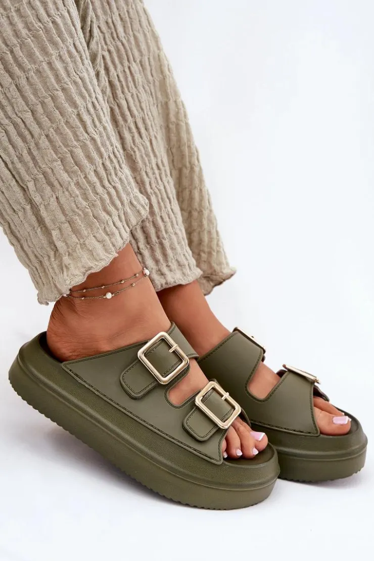 Online Boto Klapki Damskie Na Platformie Ze Złotymi Klamrami Zielone Zorila