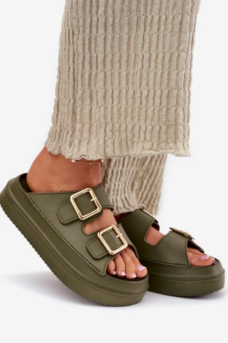 Online Boto Klapki Damskie Na Platformie Ze Złotymi Klamrami Zielone Zorila