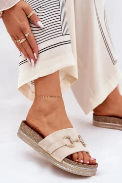 Damskie Boto Klapki Damskie Na Platformie Ze Złotą Ozdobą I Brokatem Beżowe Morisela