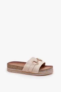 Damskie Boto Klapki Damskie Na Platformie Ze Złotą Ozdobą I Brokatem Beżowe Morisela