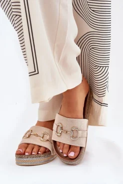 Damskie Boto Klapki Damskie Na Platformie Ze Złotą Ozdobą I Brokatem Beżowe Morisela