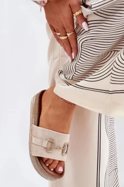 Damskie Boto Klapki Damskie Na Platformie Ze Złotą Ozdobą I Brokatem Beżowe Morisela