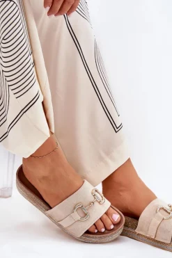 Damskie Boto Klapki Damskie Na Platformie Ze Złotą Ozdobą I Brokatem Beżowe Morisela