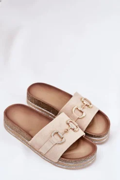 Damskie Boto Klapki Damskie Na Platformie Ze Złotą Ozdobą I Brokatem Beżowe Morisela