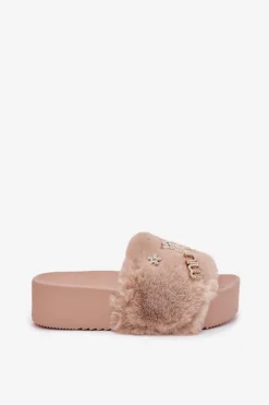 Sale Boto Klapki Damskie Na Platformie Z Futerkiem I Złotymi Przypinkami Beżowe Livira