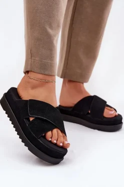 Online Boto Klapki Damskie Na Platformie Z Przeplatającymi Się Paskami Czarne Rinasara Czarny