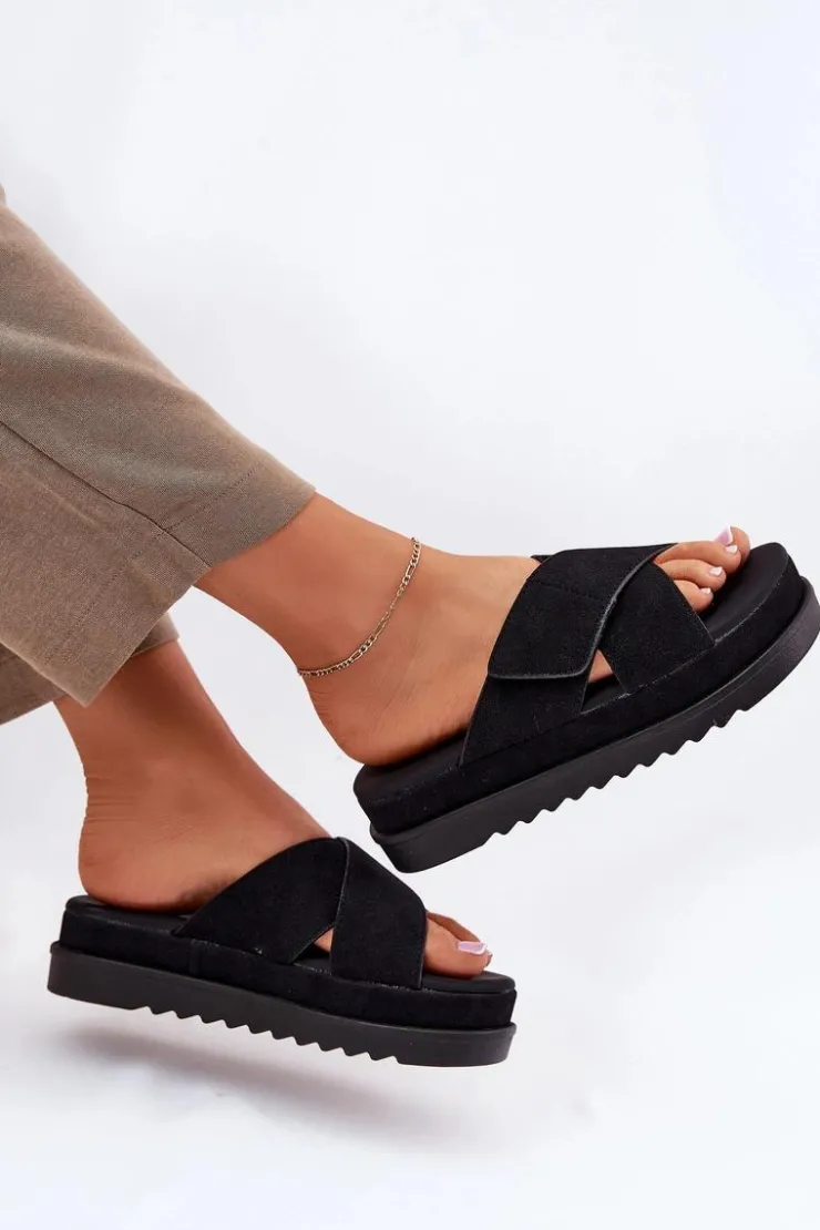 Online Boto Klapki Damskie Na Platformie Z Przeplatającymi Się Paskami Czarne Rinasara Czarny