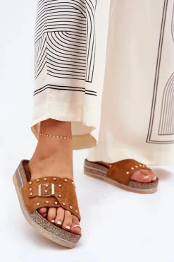 Hot Boto Klapki Damskie Na Platformie Z Klamrą I Ćwiekami Camel Nusithia Brązowy