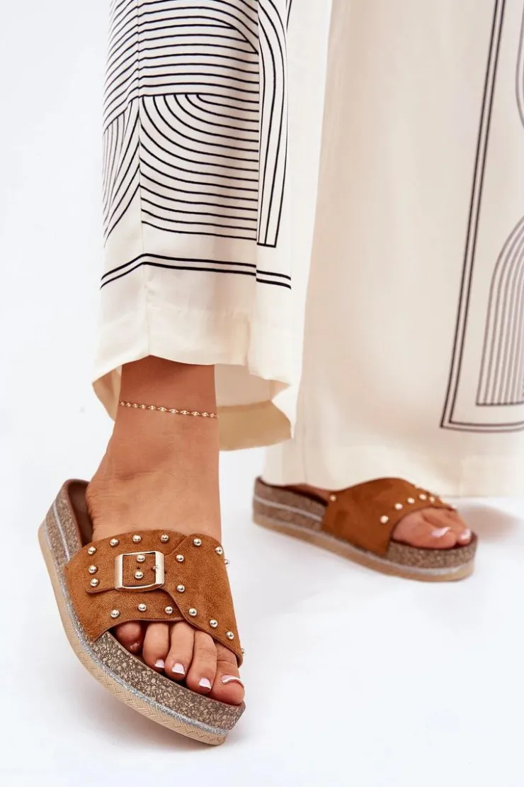 Hot Boto Klapki Damskie Na Platformie Z Klamrą I Ćwiekami Camel Nusithia Brązowy