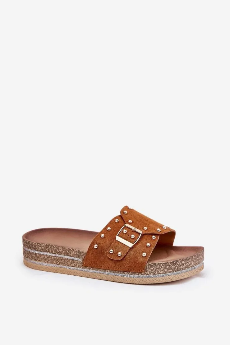 Hot Boto Klapki Damskie Na Platformie Z Klamrą I Ćwiekami Camel Nusithia Brązowy