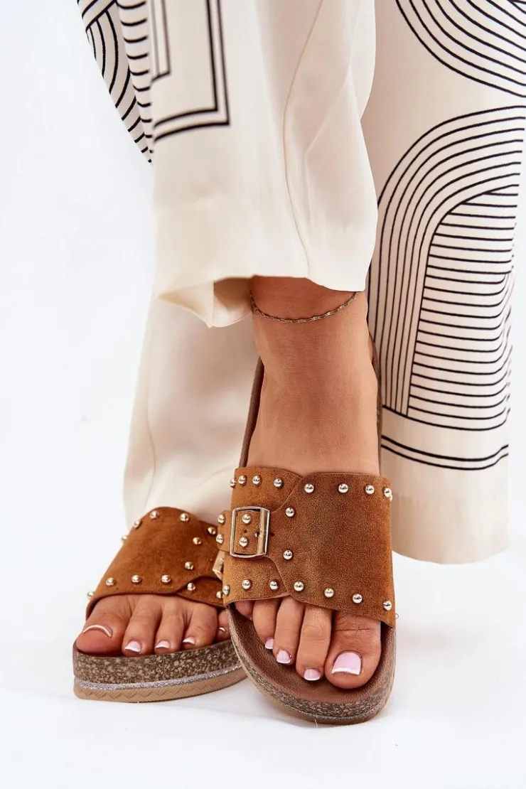 Hot Boto Klapki Damskie Na Platformie Z Klamrą I Ćwiekami Camel Nusithia Brązowy