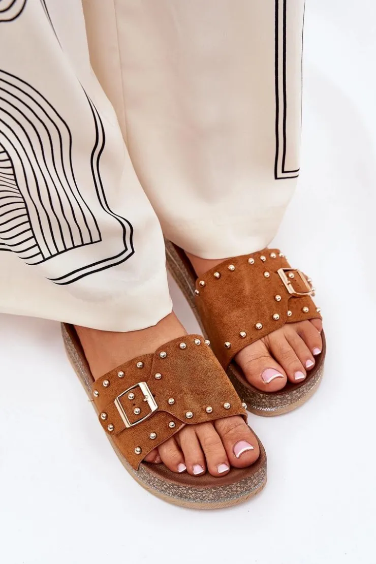 Hot Boto Klapki Damskie Na Platformie Z Klamrą I Ćwiekami Camel Nusithia Brązowy