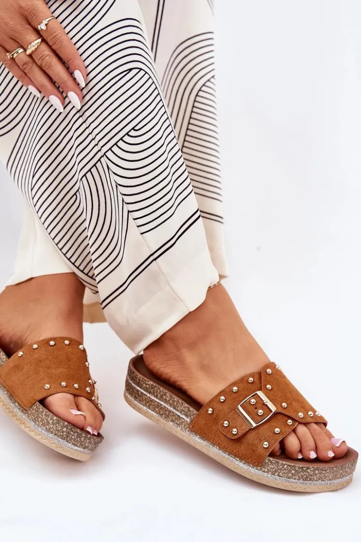 Hot Boto Klapki Damskie Na Platformie Z Klamrą I Ćwiekami Camel Nusithia Brązowy