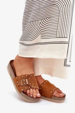 Hot Boto Klapki Damskie Na Platformie Z Klamrą I Ćwiekami Camel Nusithia Brązowy