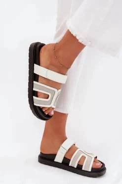 Damskie Boto Klapki Damskie Na Platformie Z Rzepem Białe Kovira