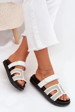 Damskie Boto Klapki Damskie Na Platformie Z Rzepem Białe Kovira