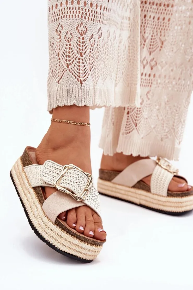New Boto Klapki Damskie Na Platformie Z Plecionką I Złotą Klamrą Beżowe Filazzia