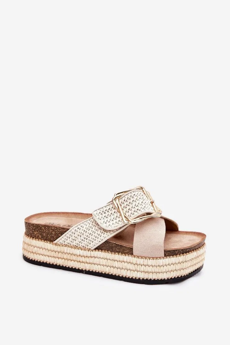 New Boto Klapki Damskie Na Platformie Z Plecionką I Złotą Klamrą Beżowe Filazzia