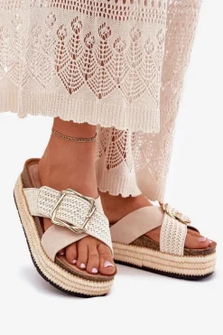 New Boto Klapki Damskie Na Platformie Z Plecionką I Złotą Klamrą Beżowe Filazzia
