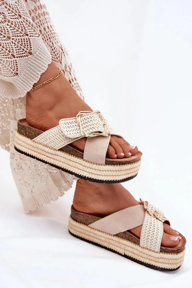 New Boto Klapki Damskie Na Platformie Z Plecionką I Złotą Klamrą Beżowe Filazzia