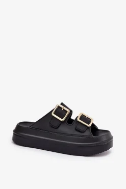 Damskie Boto Klapki Damskie Na Platformie Ze Złotymi Klamrami Czarne Zorila