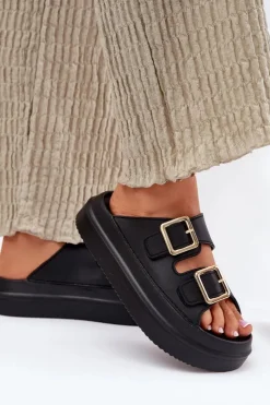 Damskie Boto Klapki Damskie Na Platformie Ze Złotymi Klamrami Czarne Zorila