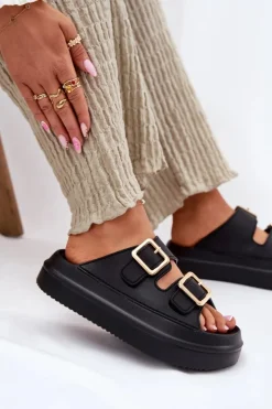 Damskie Boto Klapki Damskie Na Platformie Ze Złotymi Klamrami Czarne Zorila