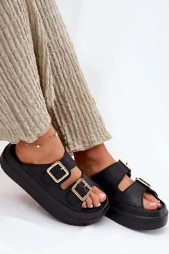 Damskie Boto Klapki Damskie Na Platformie Ze Złotymi Klamrami Czarne Zorila