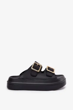 Damskie Boto Klapki Damskie Na Platformie Ze Złotymi Klamrami Czarne Zorila