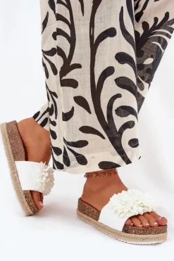 Damskie Boto Klapki Damskie Na Platformie Z Ozdobnymi Kwiatkami Białe Tessara