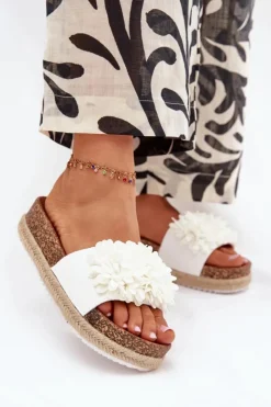 Damskie Boto Klapki Damskie Na Platformie Z Ozdobnymi Kwiatkami Białe Tessara