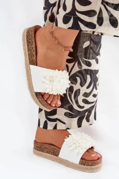 Damskie Boto Klapki Damskie Na Platformie Z Ozdobnymi Kwiatkami Białe Tessara