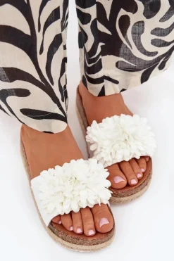 Damskie Boto Klapki Damskie Na Platformie Z Ozdobnymi Kwiatkami Białe Tessara