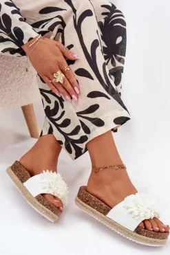 Damskie Boto Klapki Damskie Na Platformie Z Ozdobnymi Kwiatkami Białe Tessara