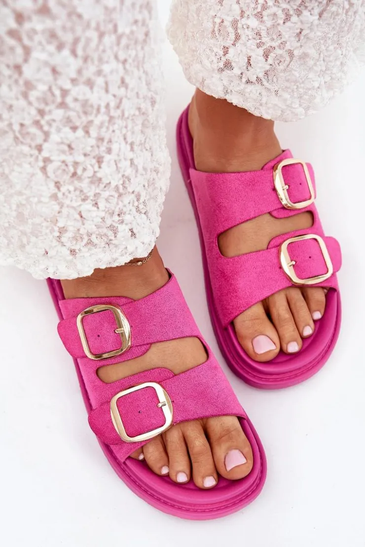 Outlet Boto Klapki Damskie Na Platformie Ze Złotymi Klamrami Fuksja Verena