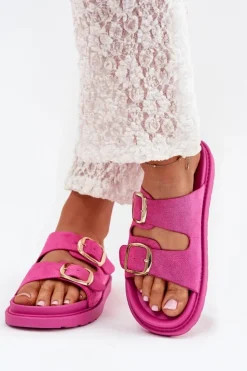 Outlet Boto Klapki Damskie Na Platformie Ze Złotymi Klamrami Fuksja Verena