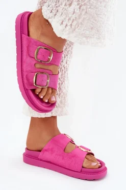 Outlet Boto Klapki Damskie Na Platformie Ze Złotymi Klamrami Fuksja Verena