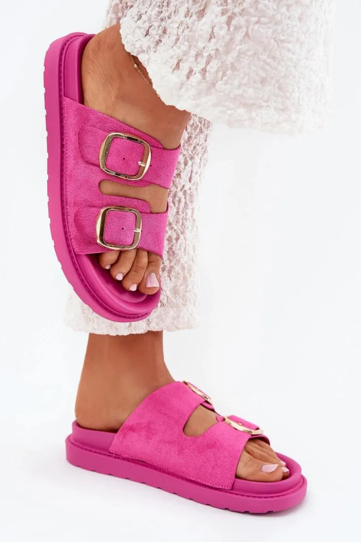 Outlet Boto Klapki Damskie Na Platformie Ze Złotymi Klamrami Fuksja Verena