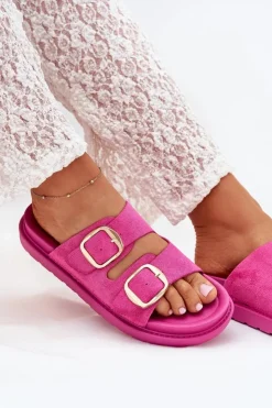 Outlet Boto Klapki Damskie Na Platformie Ze Złotymi Klamrami Fuksja Verena