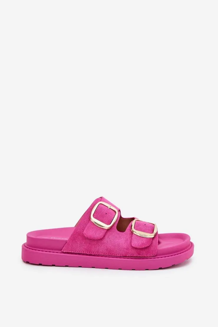 Outlet Boto Klapki Damskie Na Platformie Ze Złotymi Klamrami Fuksja Verena